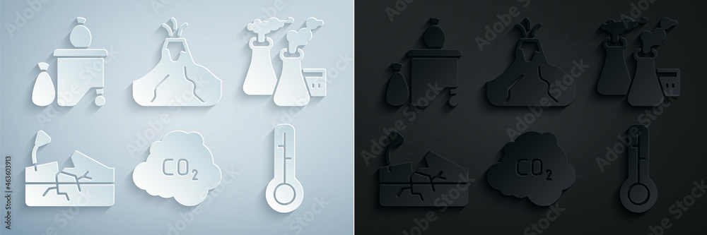 Set CO2 emissions in cloud, Smoke from factory, Earthquake, Meteorology thermometer, Volcano eruption with lava and Full dustbin icon. Vector Set CO2 emissions in cloud, Smoke from factory, Earthquake, Meteorology thermometer, Volcano eruption with lava and Full dustbin icon. Vector