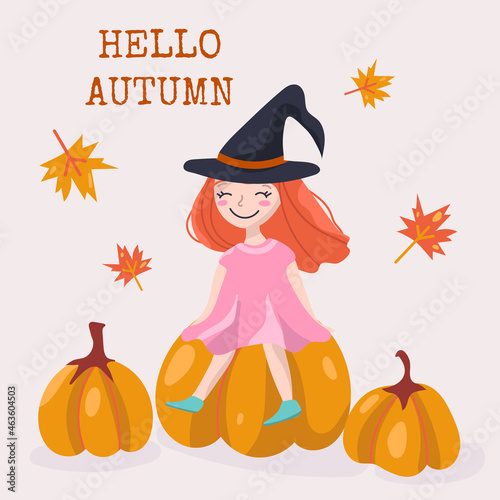 little girl sits on pumpkins. Autumn vector illustration