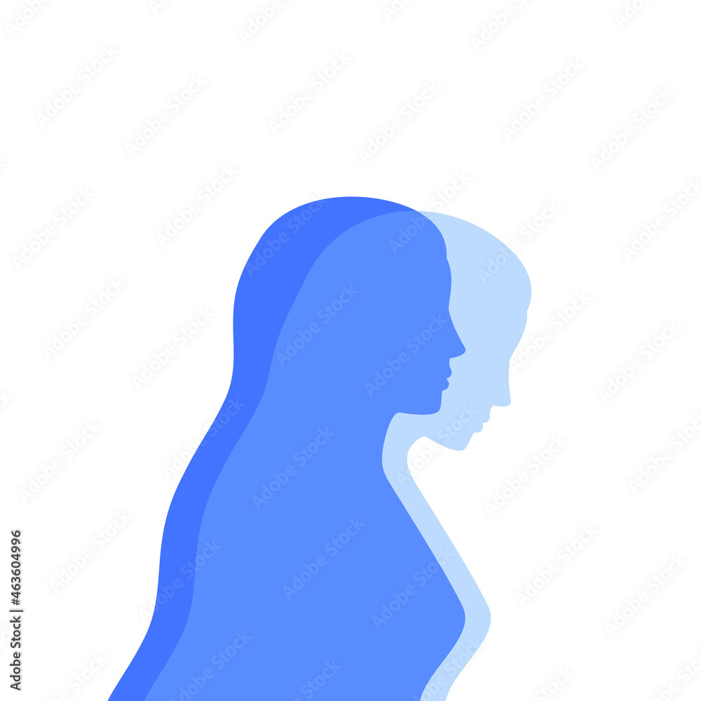 Blue female silhouette in profile with a translucent projection. Mental health concept. Duality and hidden emotions