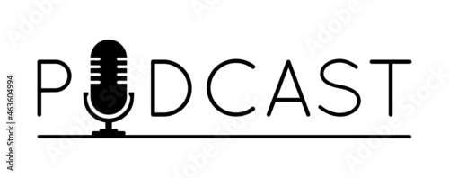 The microphone icon in a fashionable flat style is isolated against the background. Logo, application, user interface. Podcast radio icon. Studio microphone table broadcast podcast text.