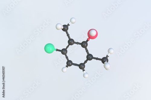 Molecule of parachlorometaxylenol, isolated molecular model. 3D rendering