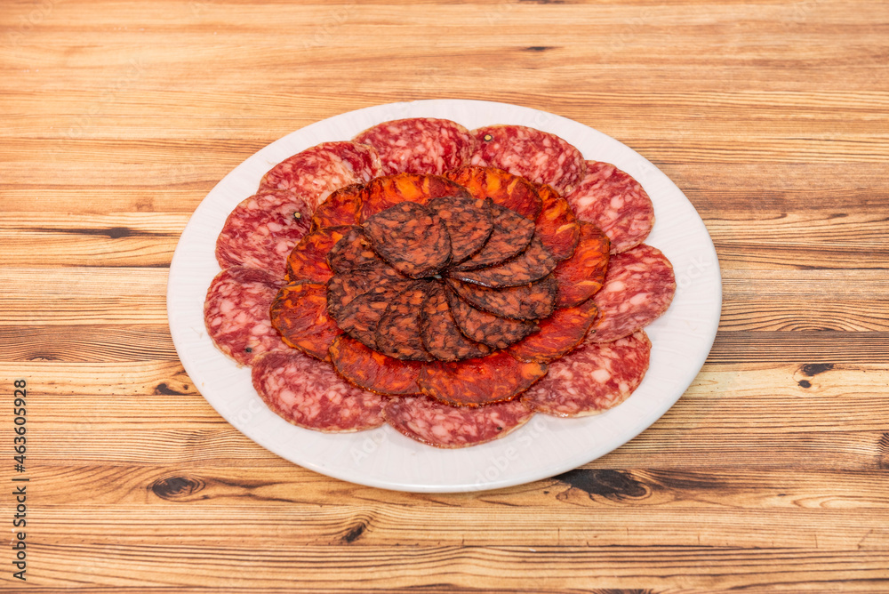 Tray of assorted Spanish sausages. Iberian sausage, chorizo and Iberian blood sausage on a white plate served as tapas Tray of assorted Spanish sausages. Iberian sausage, chorizo and Iberian blood sausage on a white plate served as tapas