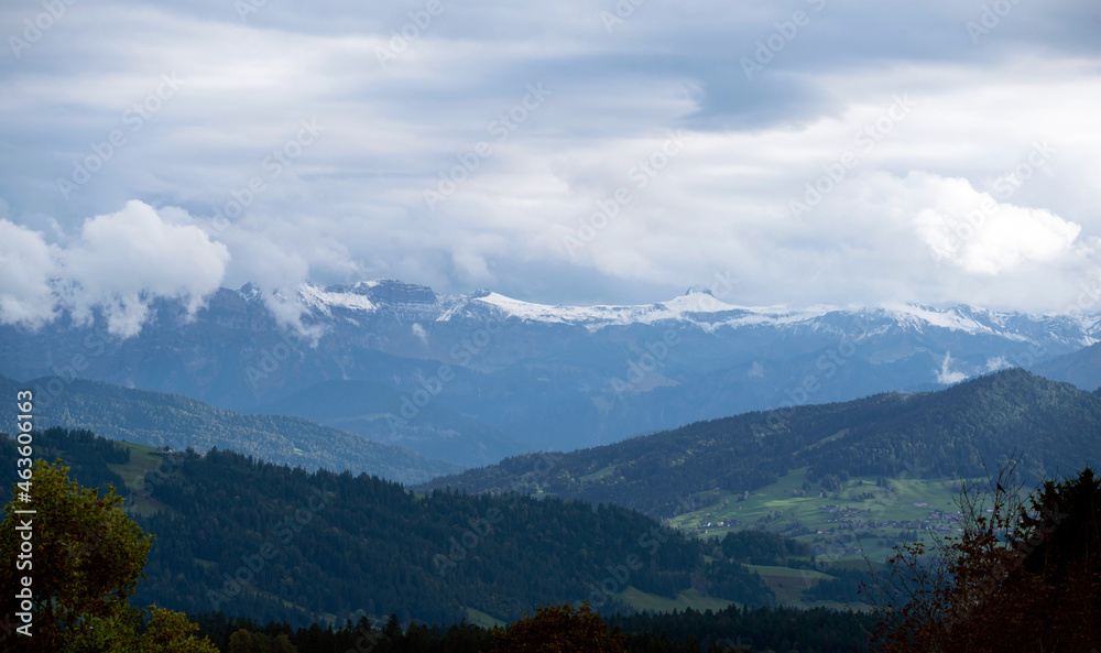 Germany, Scheidegg, Alps - October 07, 2021: Panoramic view with Alps mountain, first snow of 2021