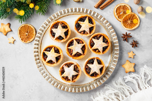 Traditional British Christmas pastry Mince Pies with apple, raisins, nuts filling. Top view © Nelea Reazanteva