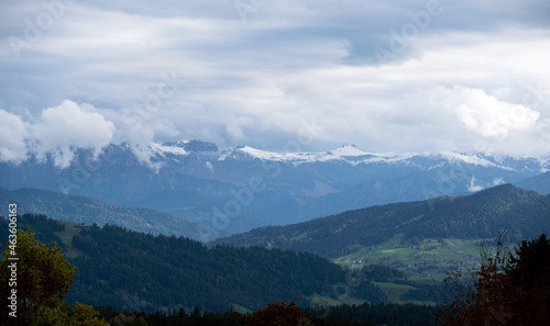 Germany, Scheidegg, Alps - October 07, 2021: Panoramic view with Alps mountain, first snow of 2021