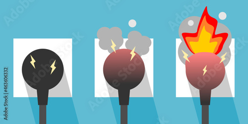 Plug and socket electric short circuit overload electricity current with fire smoke and sparks on blue background flat icon vector design.