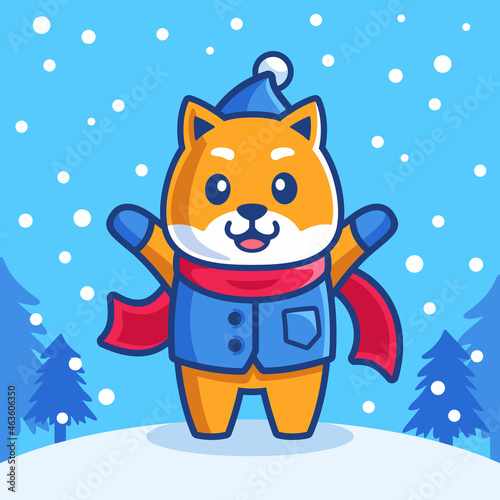 Cartoon Shiba Inu Dog in Winter Season