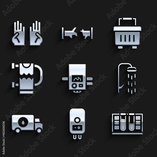 Set Gas boiler, Electric, Test tube with water drop, Shower, Plumber service car, Heated towel rail, Toolbox and Rubber gloves icon. Vector