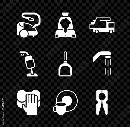 Set Vacuum cleaner, Cleaning lady service, Garbage truck, Washing dishes, Clothes pin, and Dustpan icon. Vector