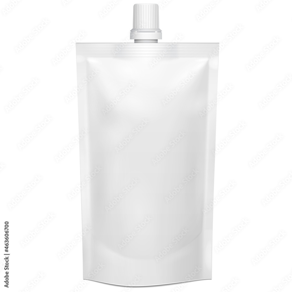 Mockup White Blank Doy Pack, Doypack Foil Food Or Drink Bag Packaging With Corner Spout Lid. Illustration Isolated On White Background. Mock Up Template. - obrazy, fototapety, plakaty 