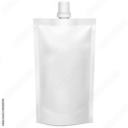 Mockup White Blank Doy Pack, Doypack Foil Food Or Drink Bag Packaging With Corner Spout Lid. Illustration Isolated On White Background. Mock Up Template.
