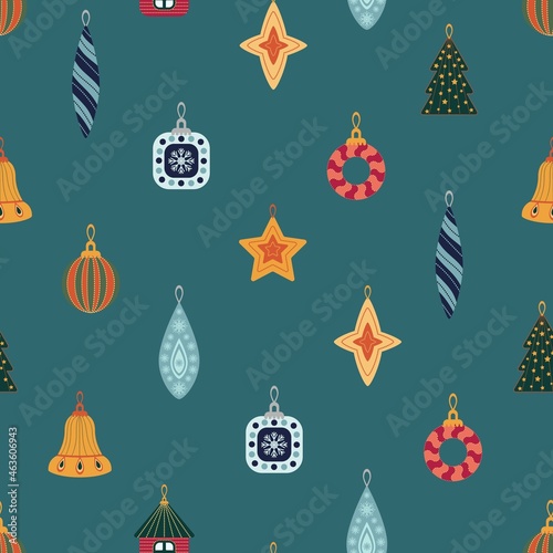 Christmas decorations. New Years design of fabric, packaging, gift paper. Seamless pattern.