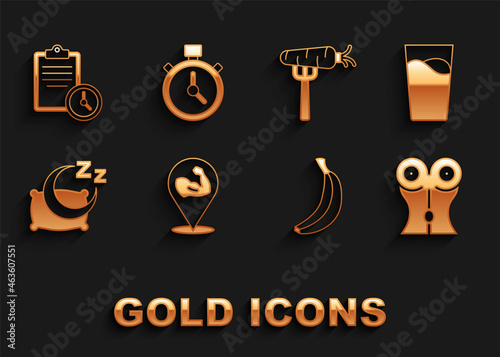 Set Bodybuilder muscle  Glass with water  Women waist  Banana  Time to sleep  Carrot on fork  Sport training program and Stopwatch icon. Vector