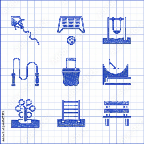 Set Sand in bucket, Swedish wall, Bench, Skate park, Ferris wheel, Jump rope, Swing and Kite icon. Vector