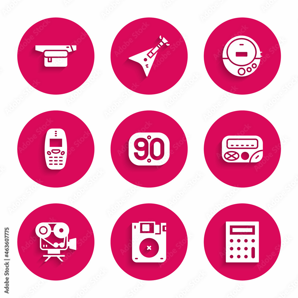 Set 90s Retro, Floppy disk, Calculator, Pager, cinema camera, Old mobile phone, Music CD player and Waist bag of banana icon. Vector Set 90s Retro, Floppy disk, Calculator, Pager, cinema camera, Old mobile phone, Music CD player and Waist bag of banana icon. Vector