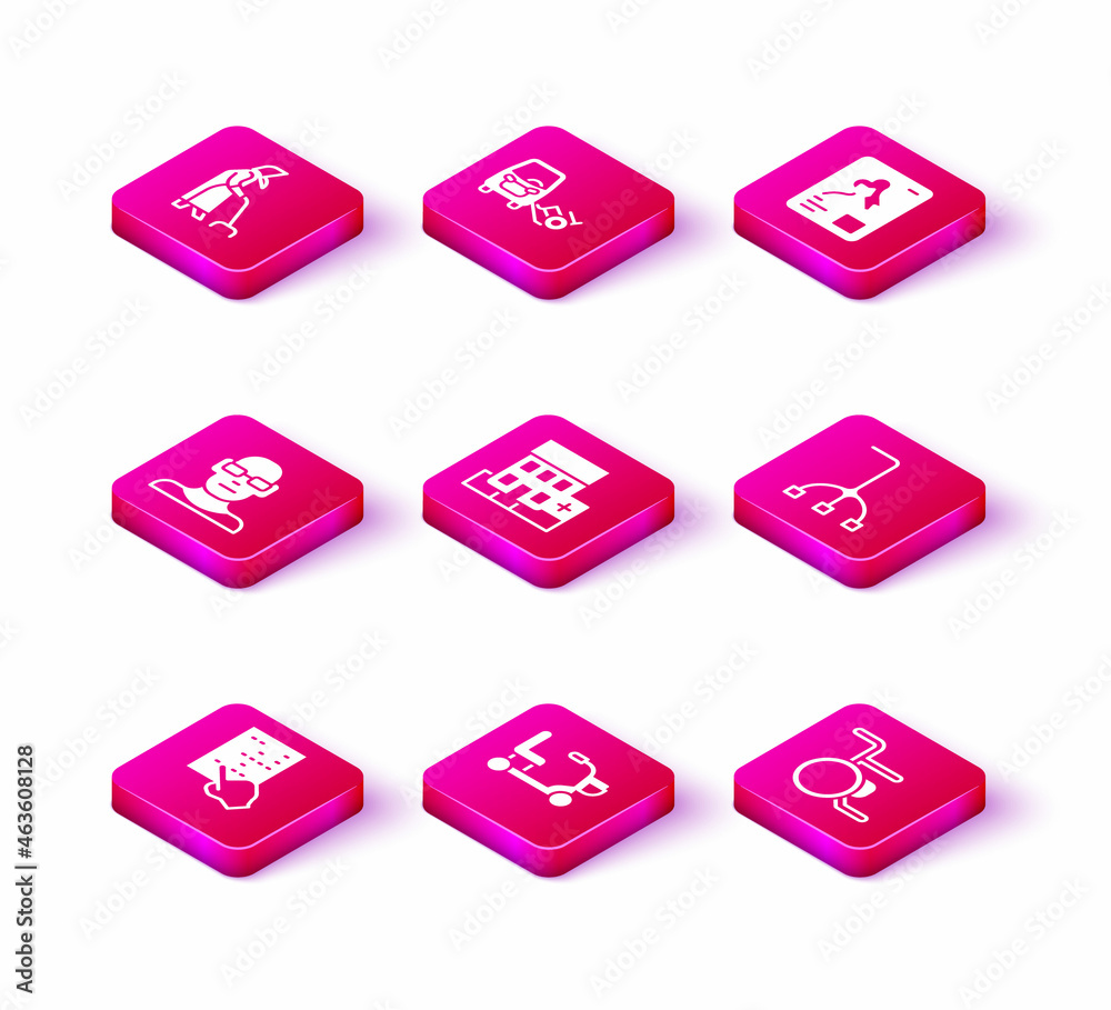 Set Braille, Electric wheelchair, Poor eyesight, Medical hospital building, Wheelchair, Walking stick cane, X-ray shots and Disabled car icon. Vector Set Braille, Electric wheelchair, Poor eyesight, Medical hospital building, Wheelchair, Walking stick cane, X-ray shots and Disabled car icon. Vector