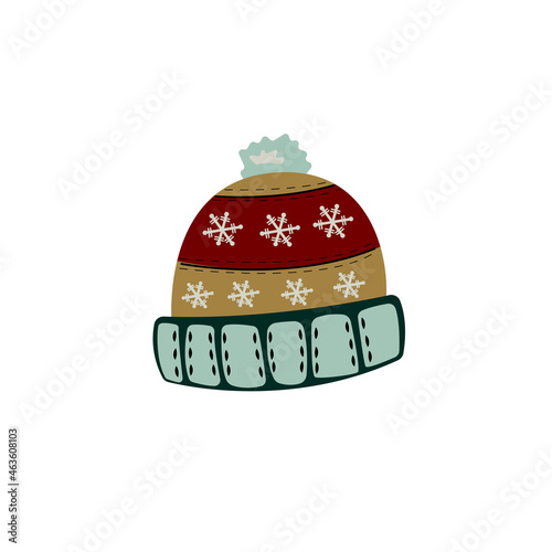 Vector illustration of a winter hat with snowflakes. Isolated hand drawn winter clothing design for logo, icon, postcard, card, banner.