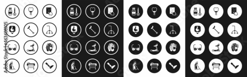 Set Braille, Walking stick cane, Disabled wheelchair, Syringe, Dental implant, Hearing aid and Blind glasses icon. Vector