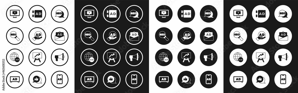 Set SEO optimization, Advertising, Monitor with star, Megaphone and icon. Vector Set SEO optimization, Advertising, Monitor with star, Megaphone and icon. Vector