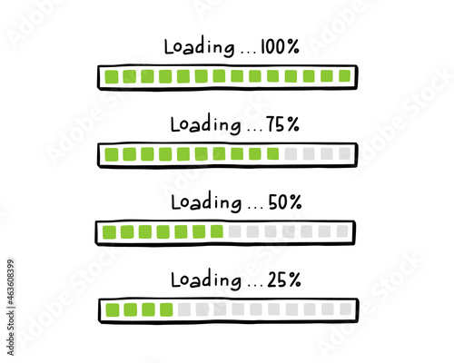 Loading bar doodle element set. Hand drawn line sketch style. Slow download speed, progress status, internet load bar concept. Isolated vector illustration.