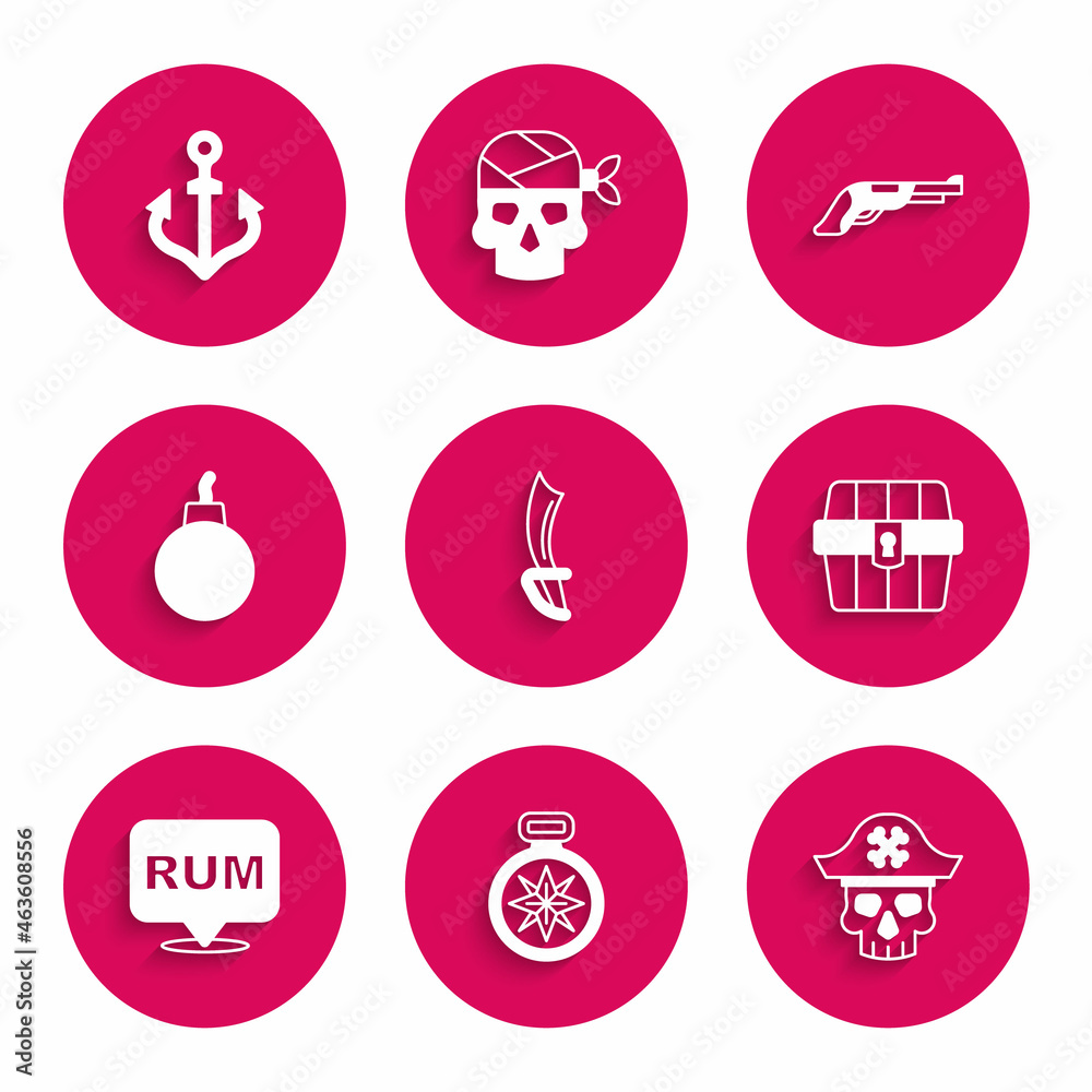 Set Pirate sword, Compass, captain, Antique treasure chest, Alcohol drink Rum, Bomb ready to explode, Vintage pistol and Anchor icon. Vector Set Pirate sword, Compass, captain, Antique treasure chest, Alcohol drink Rum, Bomb ready to explode, Vintage pistol and Anchor icon. Vector