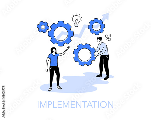Illustration of an implementation symbol with two people, one putting a cogwheel to a process gear. Easy to use for your website or presentation.