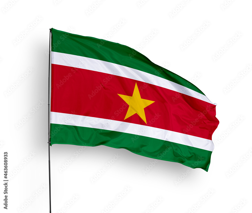 Suriname flag isolated on white background. close up waving flag of Suriname. flag symbols of Suriname. Concept of Suriname. Suriname flag isolated on white background. close up waving flag of Suriname. flag symbols of Suriname. Concept of Suriname.