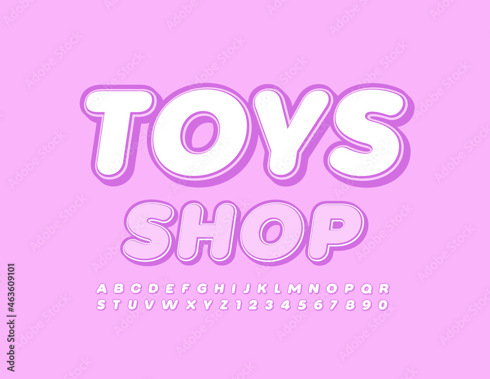 Vector stylish Poster Toys Shop. Funny Kids Font. Cute Alphabet Letters and Numbers