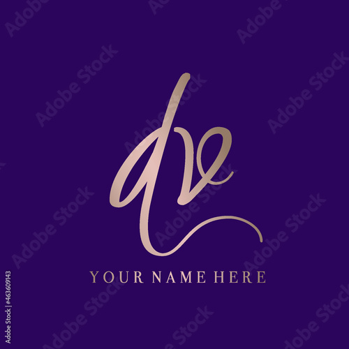 DV monogram logo.Calligraphic signature icon.Letter d and letter v.Lettering sign isolated on dark fund.Wedding, fashion, beauty alphabet initials.Elegant, luxury, handwritten style.