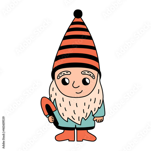 Little gnome. Hand drawn garden gnome sketch. Vector illustration. Cute dwarf characters with shovel