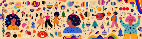 Vector holiday colourful set with dancing people, holiday symbols. Creative banner. Happy New Year and Merry Christmas collection. Carnival party