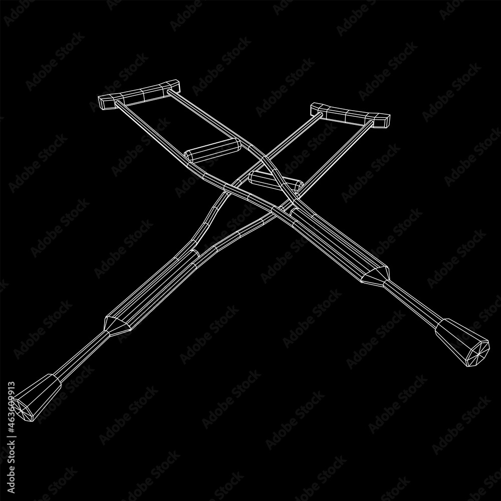 Crutches medical walking sticks for rehabilitation of broken leg. Treatment of people with leg injuries. Wireframe low poly mesh vector illustration.