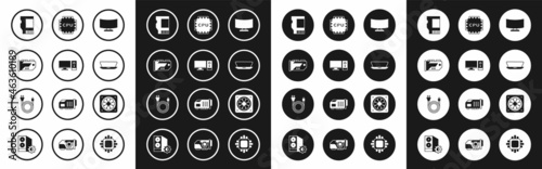 Set Computer monitor screen, Video graphic card, SD, Laptop, Processor with CPU, cooler and Electric plug icon. Vector