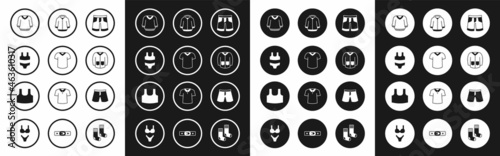 Set Short or pants, T-shirt, Swimsuit, Sweater, Hoodie, and Undershirt icon. Vector