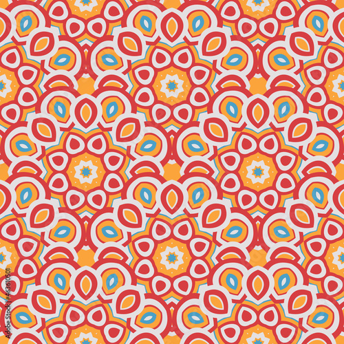 Abstract seamless backdrop. Design for prints  textile  decor  fabric. Round colorful endless texture in orange  red and blue colors