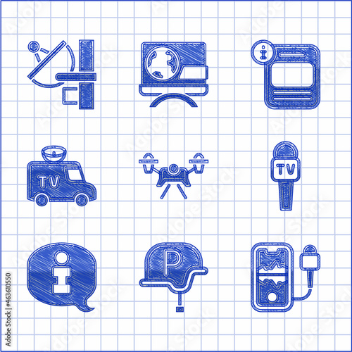 Set Drone, War journalist, Mobile recording, Microphone, Information, TV News car, and Radar icon. Vector
