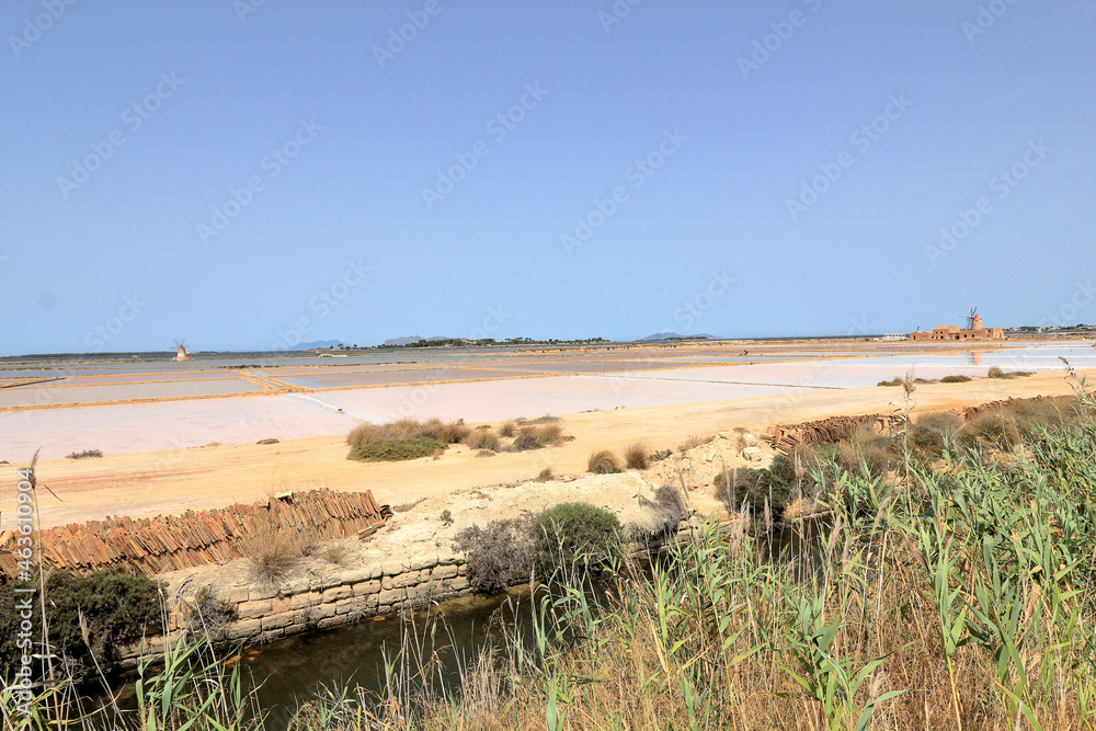 Landscape over the Marsala salt marshes and wind mills Landscape over the Marsala salt marshes and wind mills