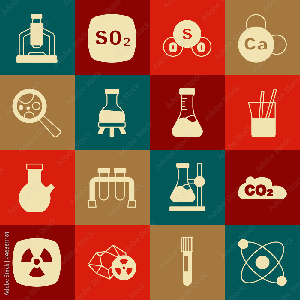 Set Atom, CO2 emissions in cloud, Laboratory glassware, Sulfur dioxide SO2, Test tube, Microorganisms under magnifier, Microscope and icon. Vector Set Atom, CO2 emissions in cloud, Laboratory glassware, Sulfur dioxide SO2, Test tube, Microorganisms under magnifier, Microscope and icon. Vector