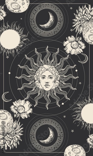 Magic drawing of the sun with a face. Tarot card, astrological illustration.