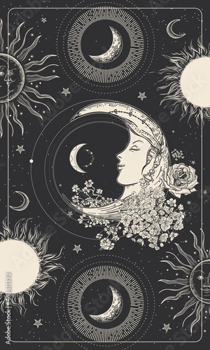 Magic drawing with the face of the moon, stars, sun and flowers. Tarot card, astrological illustration.