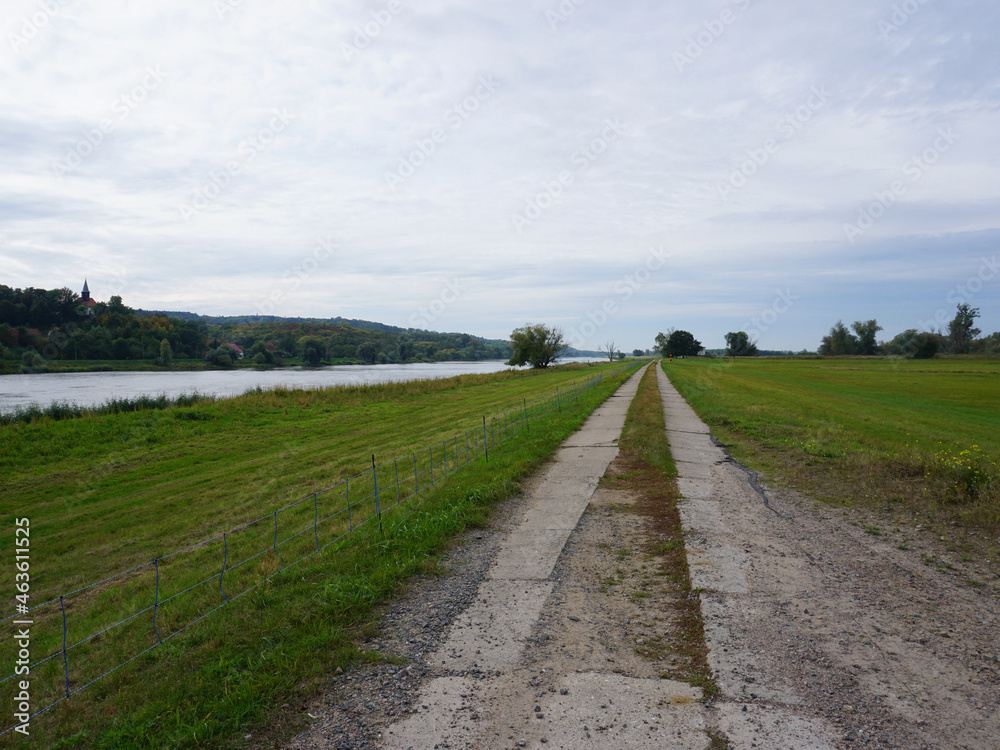 Radweg entlang dem Grenzfluss Oder auf der deutschen Seite mit Blick auf die Oder 