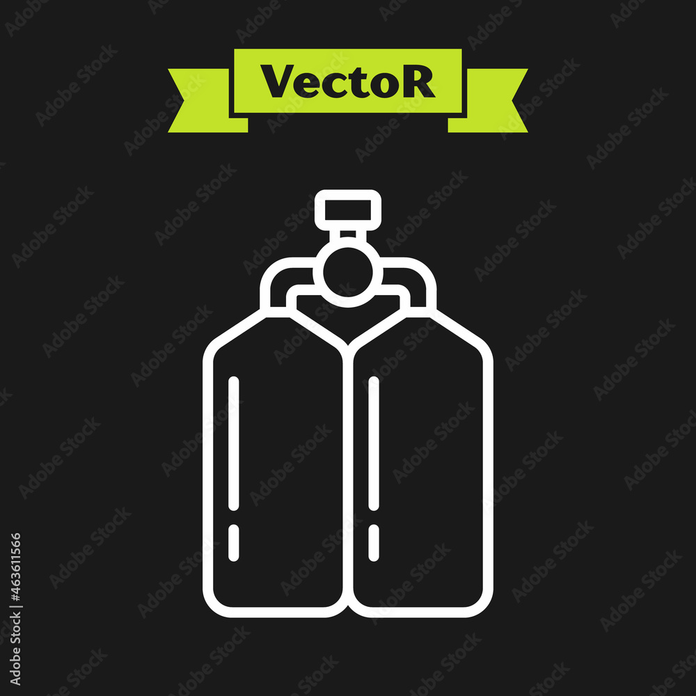 White line Aqualung icon isolated on black background. Oxygen tank for diver. Diving equipment. Extreme sport. Diving underwater equipment. Vector White line Aqualung icon isolated on black background. Oxygen tank for diver. Diving equipment. Extreme sport. Diving underwater equipment. Vector