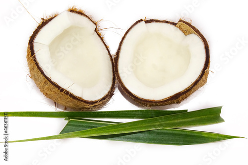 Fresh raw coconut with palm leaves isolated on white background.