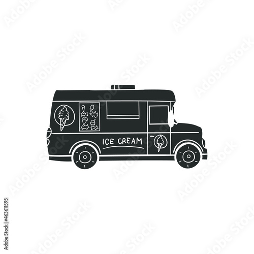 Ice Cream Truck Icon Silhouette Illustration. Food Transport Vector Graphic Pictogram Symbol Clip Art. Doodle Sketch Black Sign.
