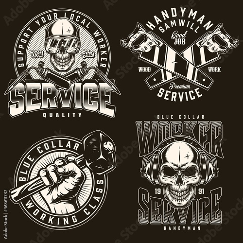 Blue collar worker monochrome emblems