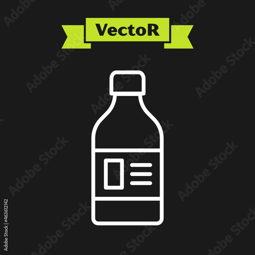 White line Plastic bottle for laundry detergent, bleach, dishwashing liquid or another cleaning agent icon isolated on black background. Vector