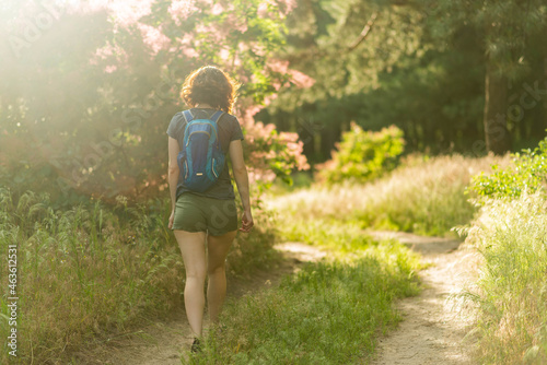 Young woman walks along a forest path, rear view.