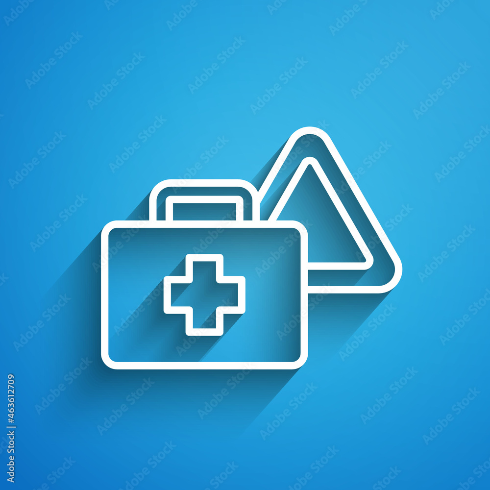 Fototapeta premium White line First aid kit and warning triangle icon isolated on blue background. Must be in the car. Long shadow. Vector