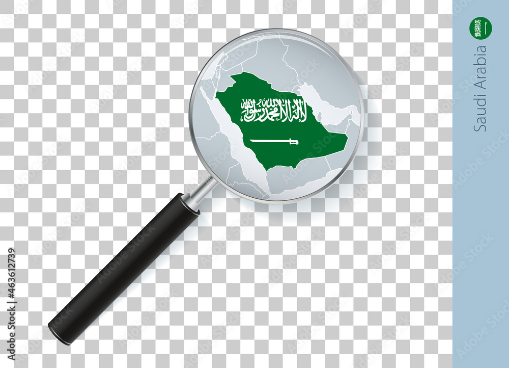 Saudi Arabia map with flag in magnifying glass on transparent background.