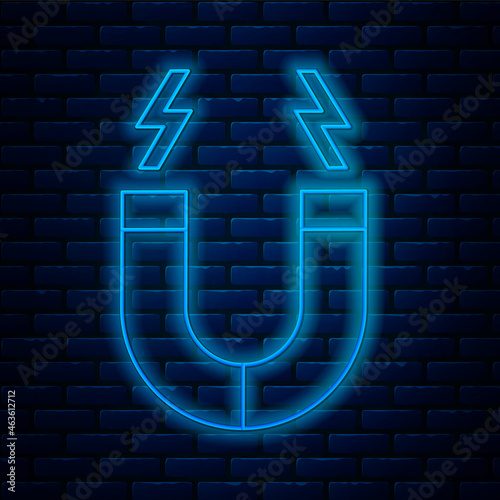 Glowing neon line Magnet icon isolated on brick wall background. Horseshoe magnet, magnetism, magnetize, attraction. Vector